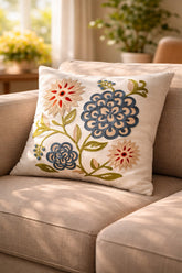 Hand-Embroidered Kashmiri Floral Bloom Linen Cushion Cover