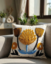 Hand-Tufted Mediterranean Floral Mustard and Blue Cushion Cover