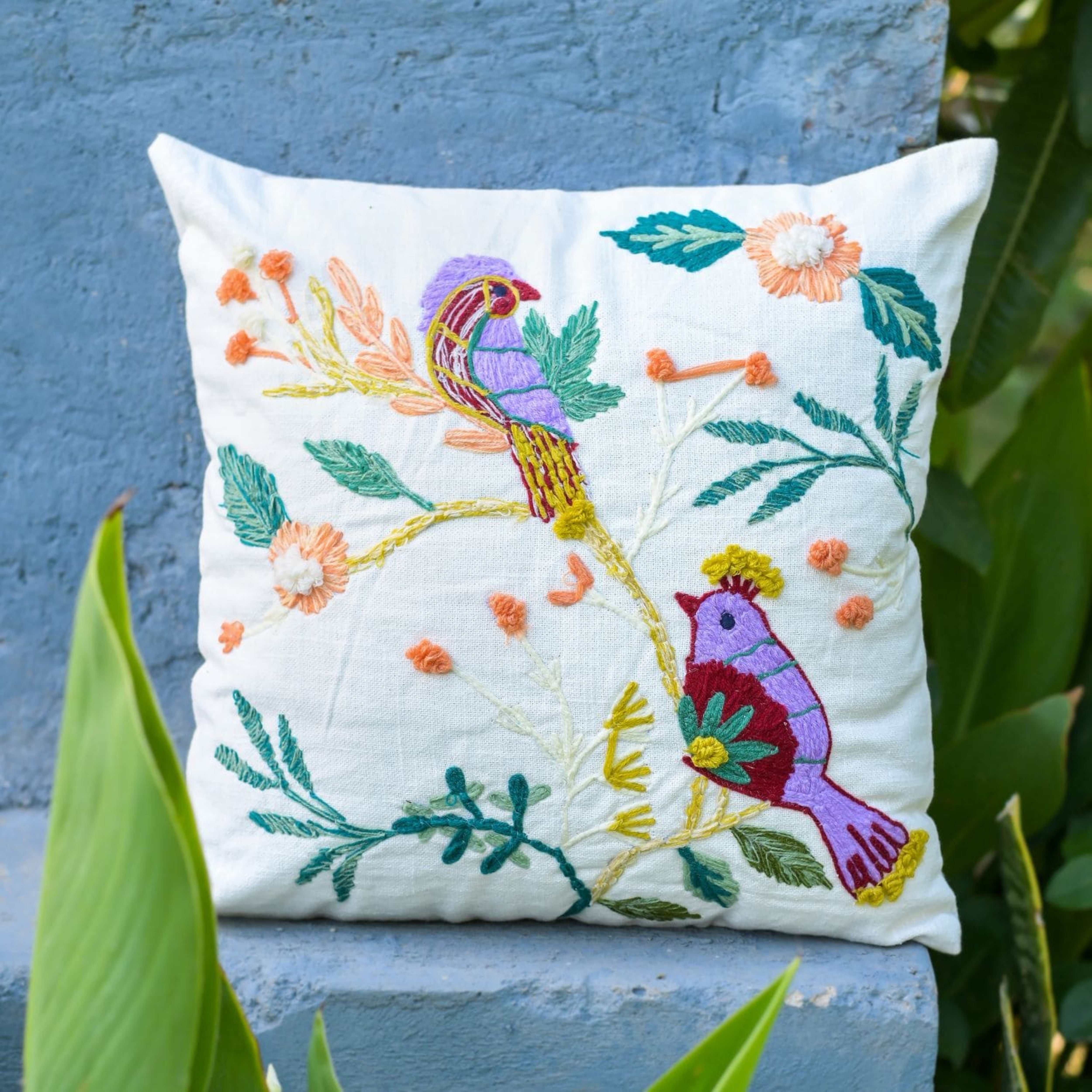 "Birdsong Garden" Hand Embroidered Cushion Cover