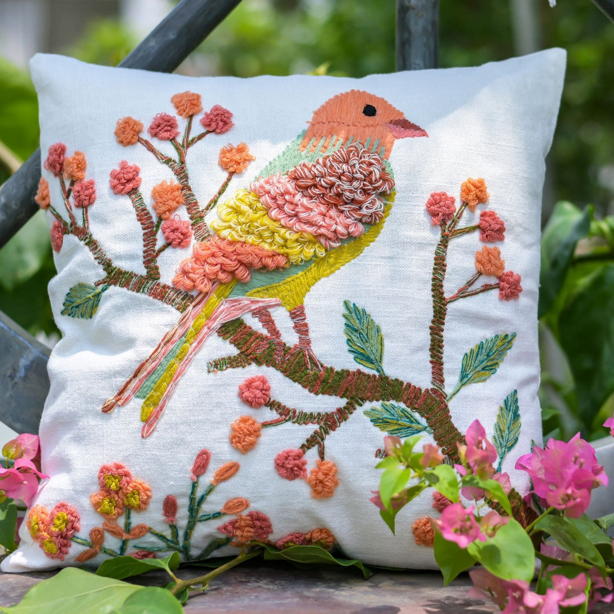 Hand Embroidered Birds Of Paradise Cushion Cover for Sofa