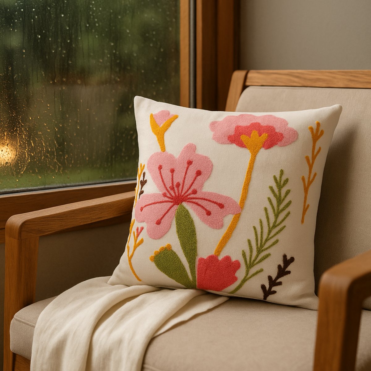 "Floral Whispers" Elegant Embroidered Cushion cover