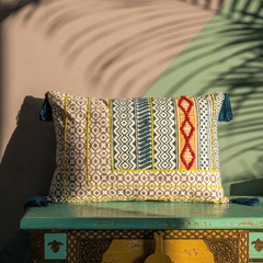 Hand Block Printed Emblished Pillow Cover 16x24 In