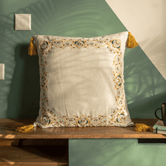 Off White Embroiderd Textured Cotton Cushion Cover