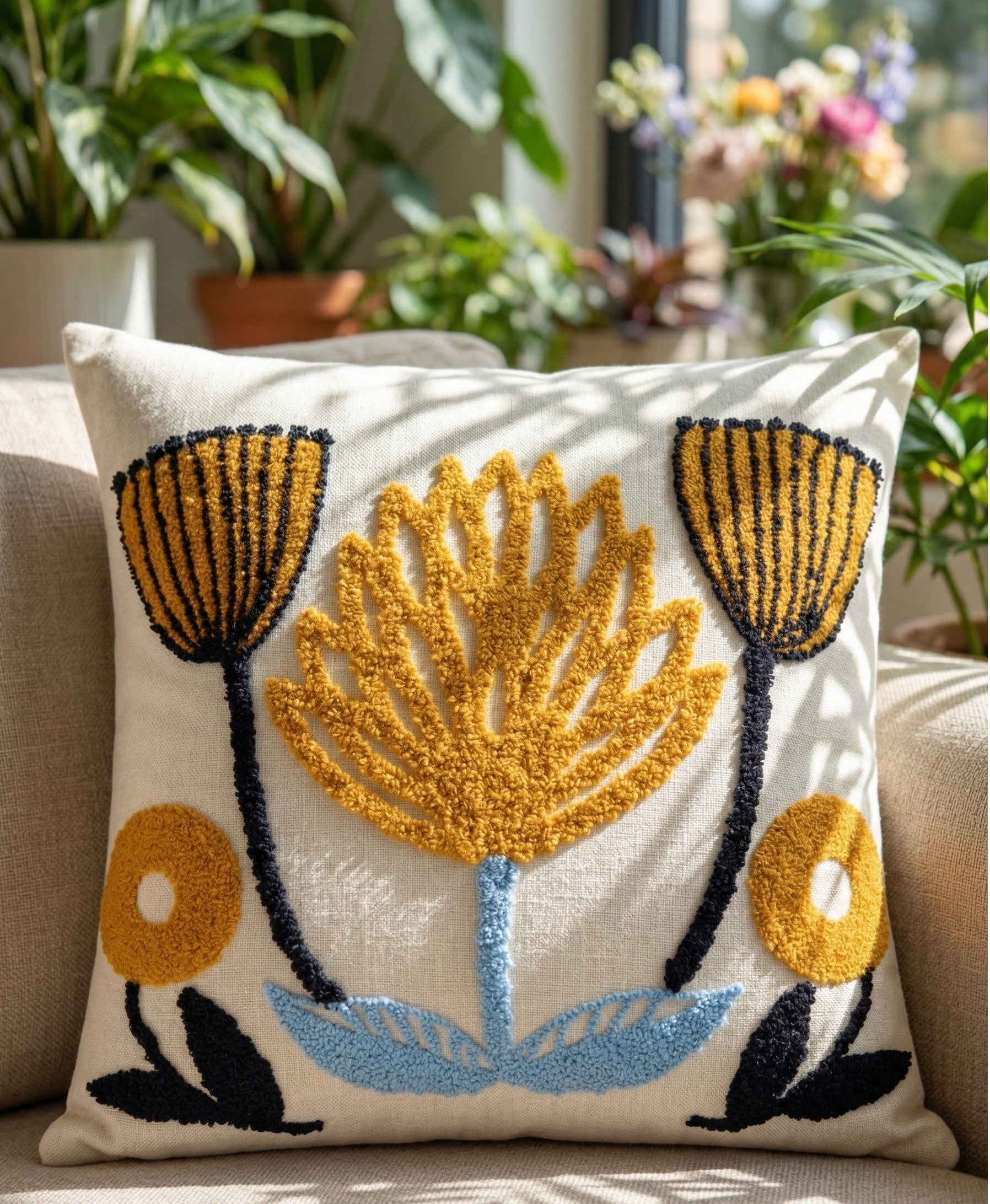 Hand-Tufted Mediterranean Floral Mustard and Blue Cushion Cover