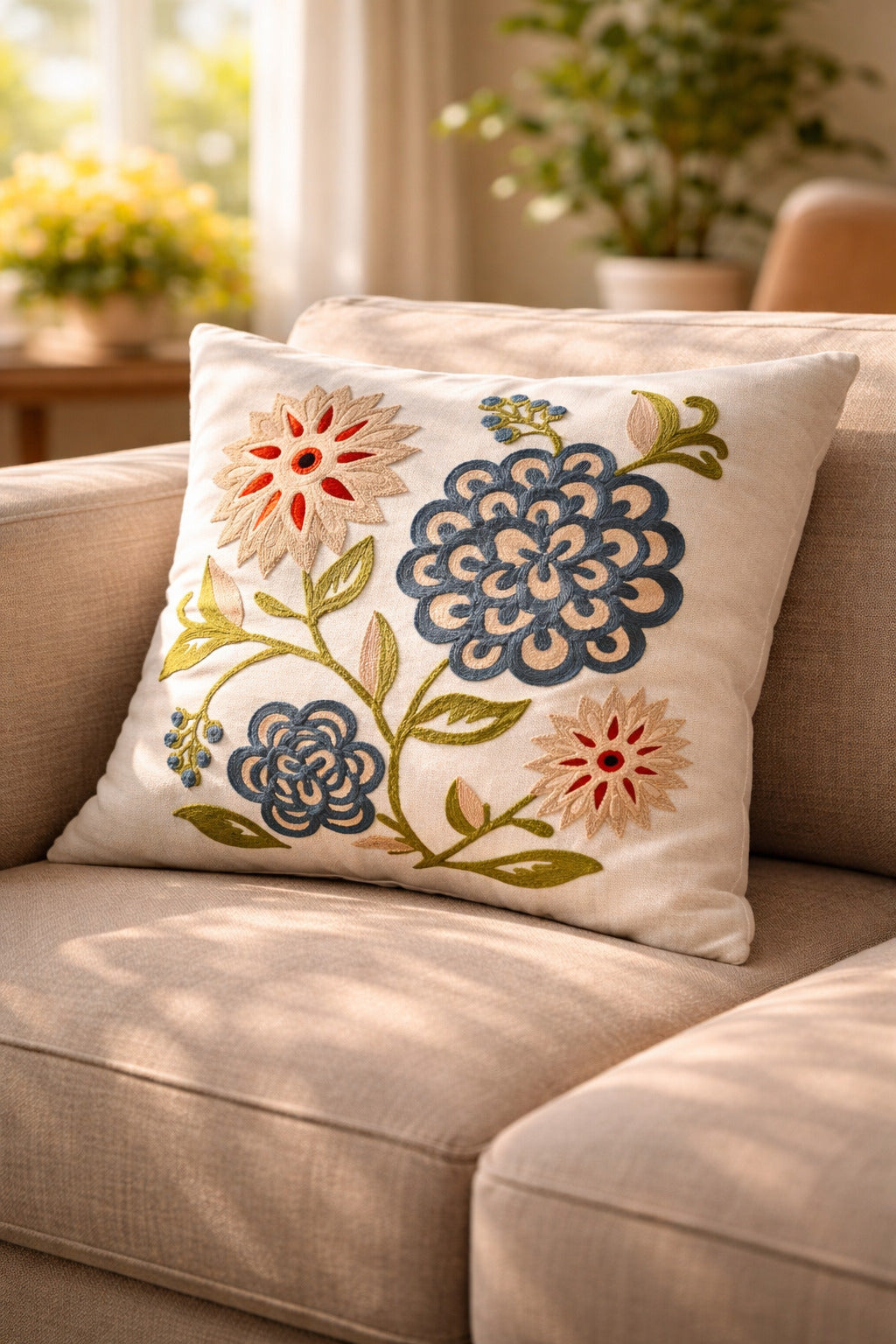 Hand-Embroidered Kashmiri Floral Bloom Linen Cushion Cover