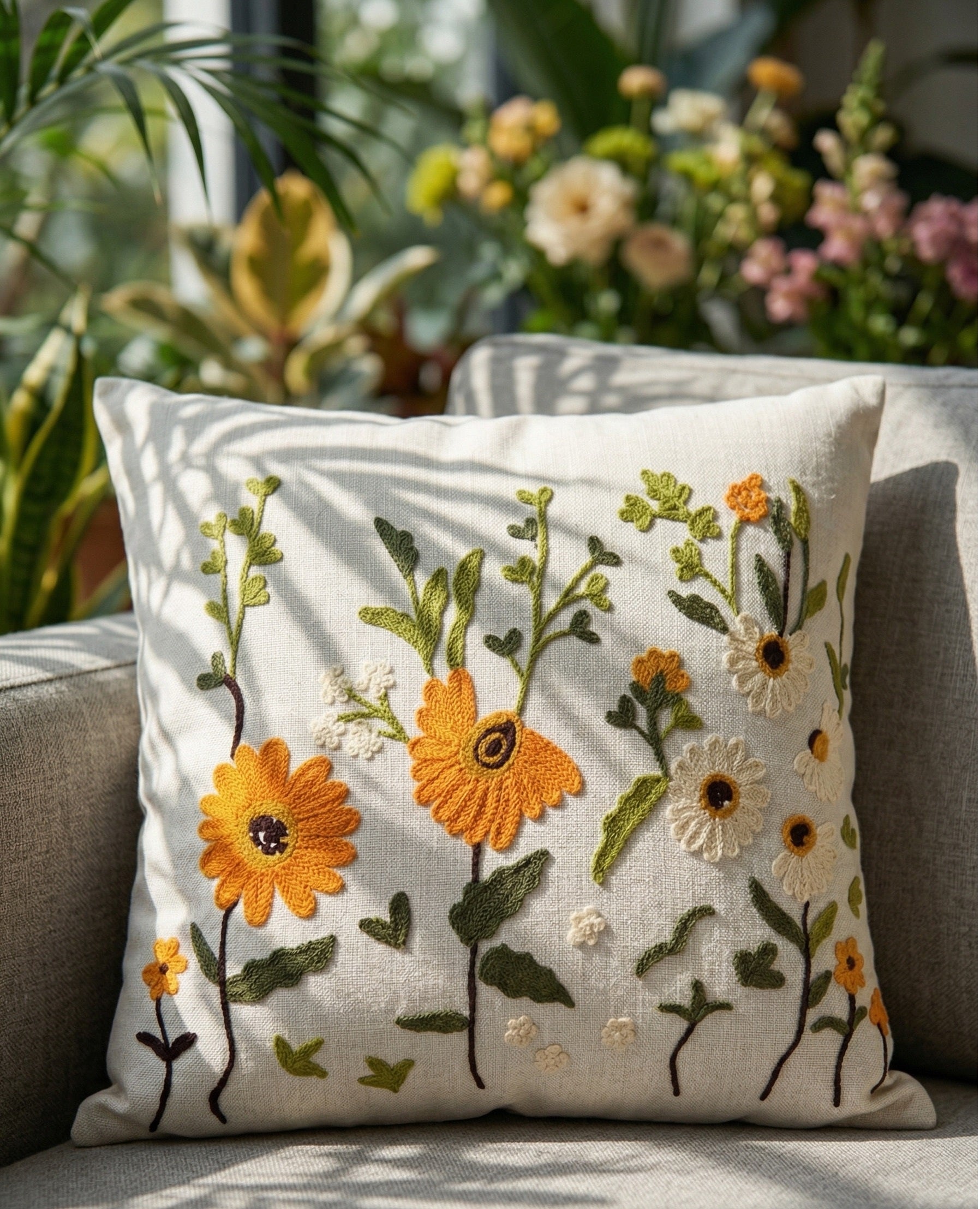 Hand-Embroidered Botanical Floral Linen Cushion Cover