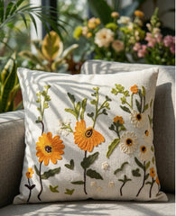 Hand-Embroidered Botanical Floral Linen Cushion Cover