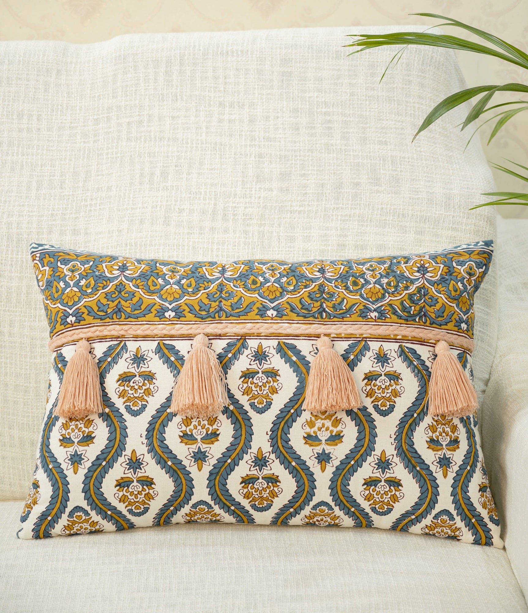 Hand Block Printed Pillow Cover With Decorative Tassels 16x24 In