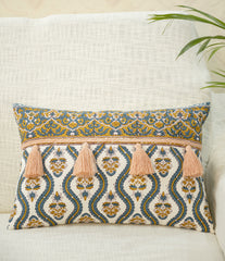 Hand Block Printed Pillow Cover With Decorative Tassels 16x24 In