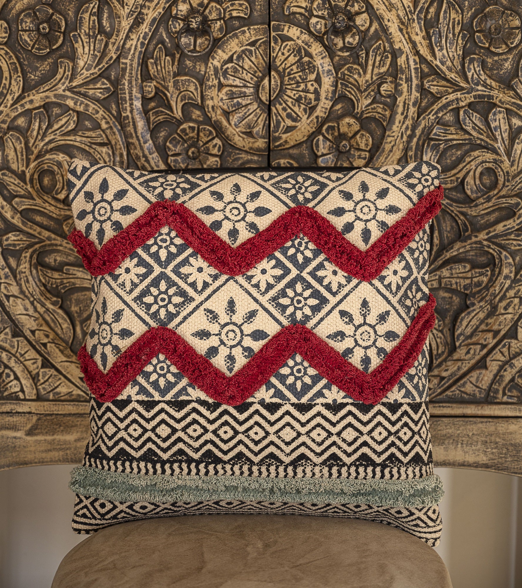 "Crimson Crest" Hand Block Printed Cushion Cover