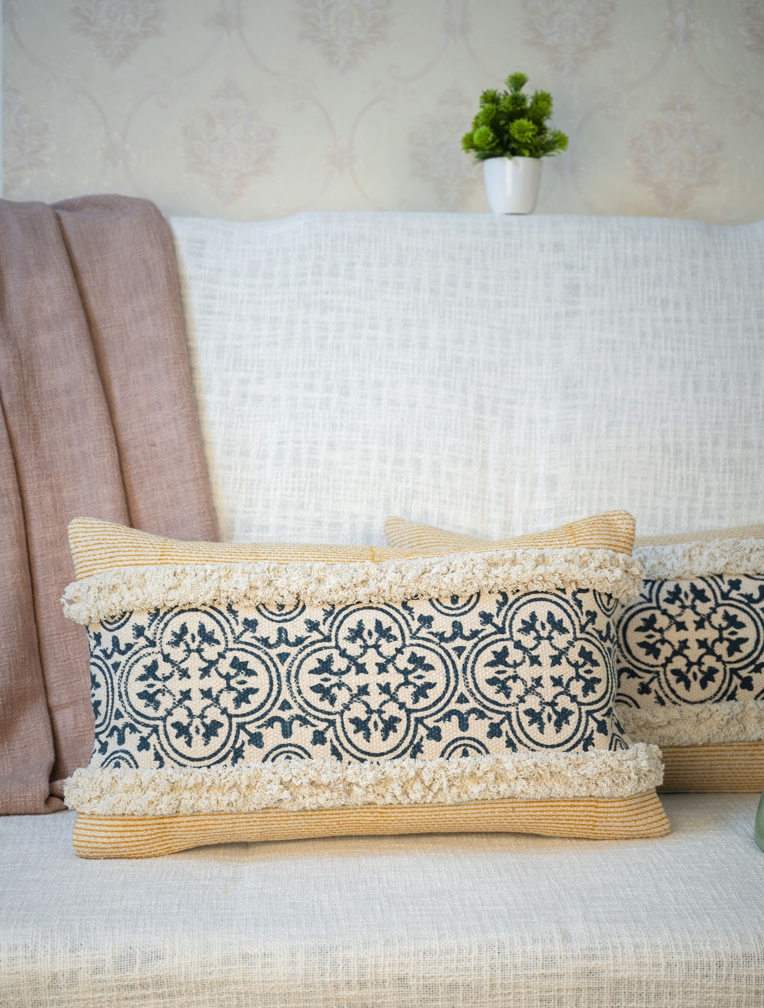 "Rust Grove" Block Printed Cushion Cover with Lace Detailing