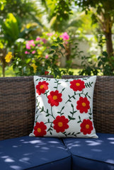Hand-Tufted Red Poppy Floral Vine Cotton Cushion Cover