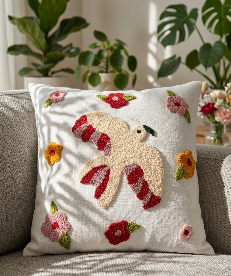 Hand-Tufted Bird and Floral Medley Cotton Cushion Cover