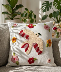 Hand-Tufted Bird and Floral Medley Cotton Cushion Cover