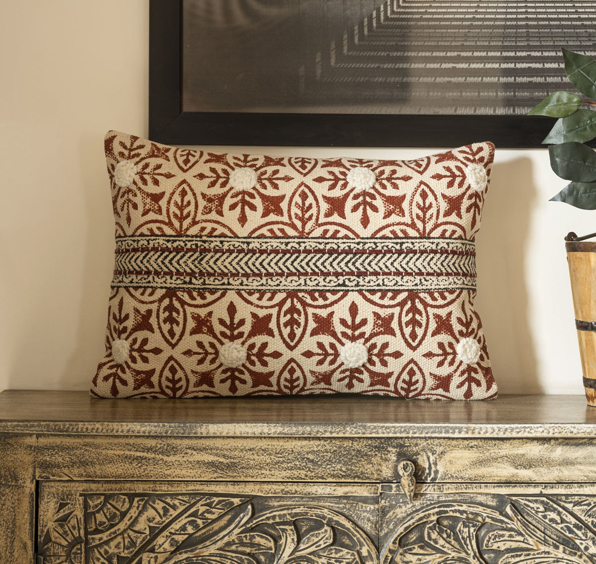 "Rust Grove" Hand Block Printed Cushion Cover with Embellishment
