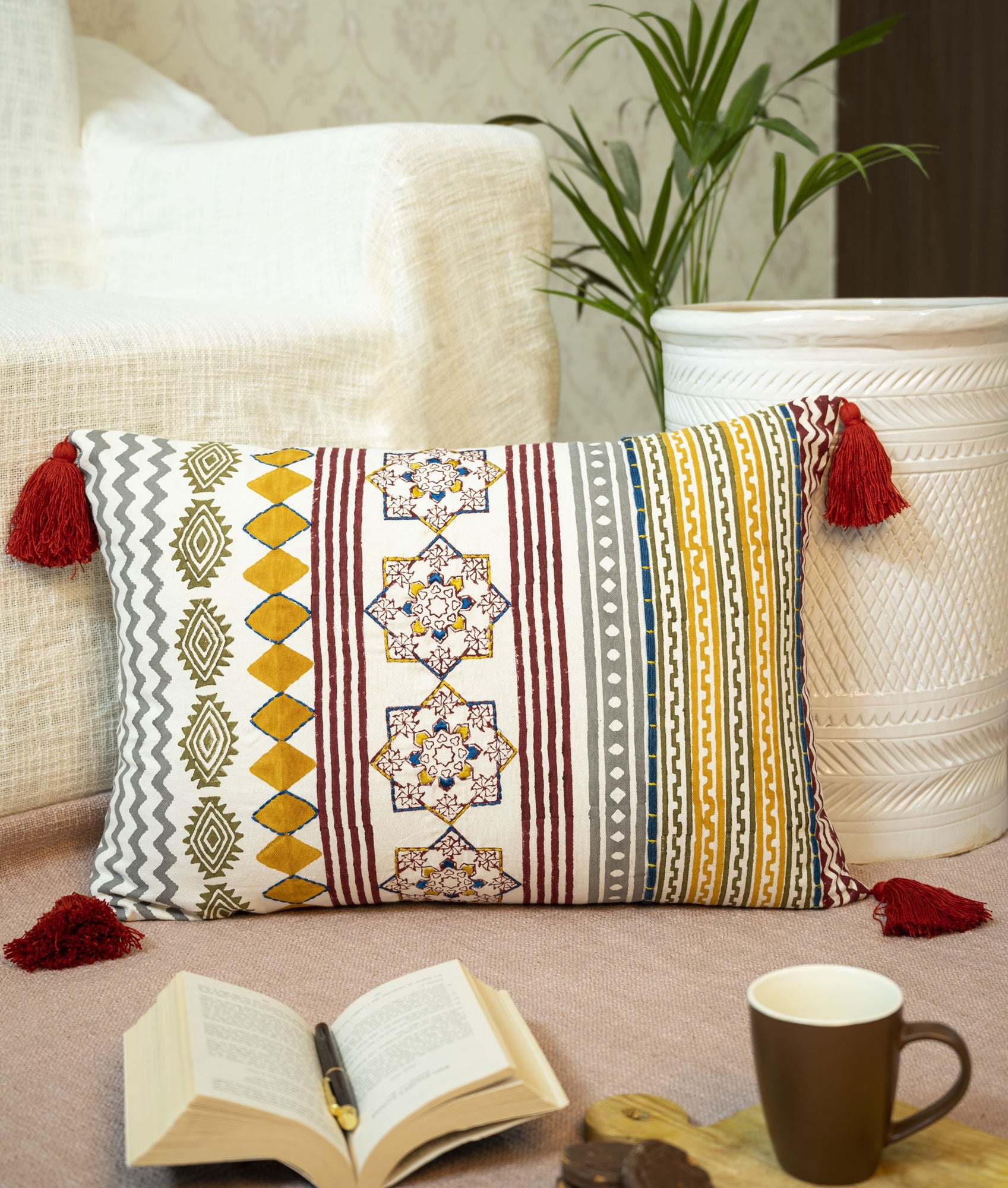 "Festive Atlas" Block Printed & Embellished Cushion Cover