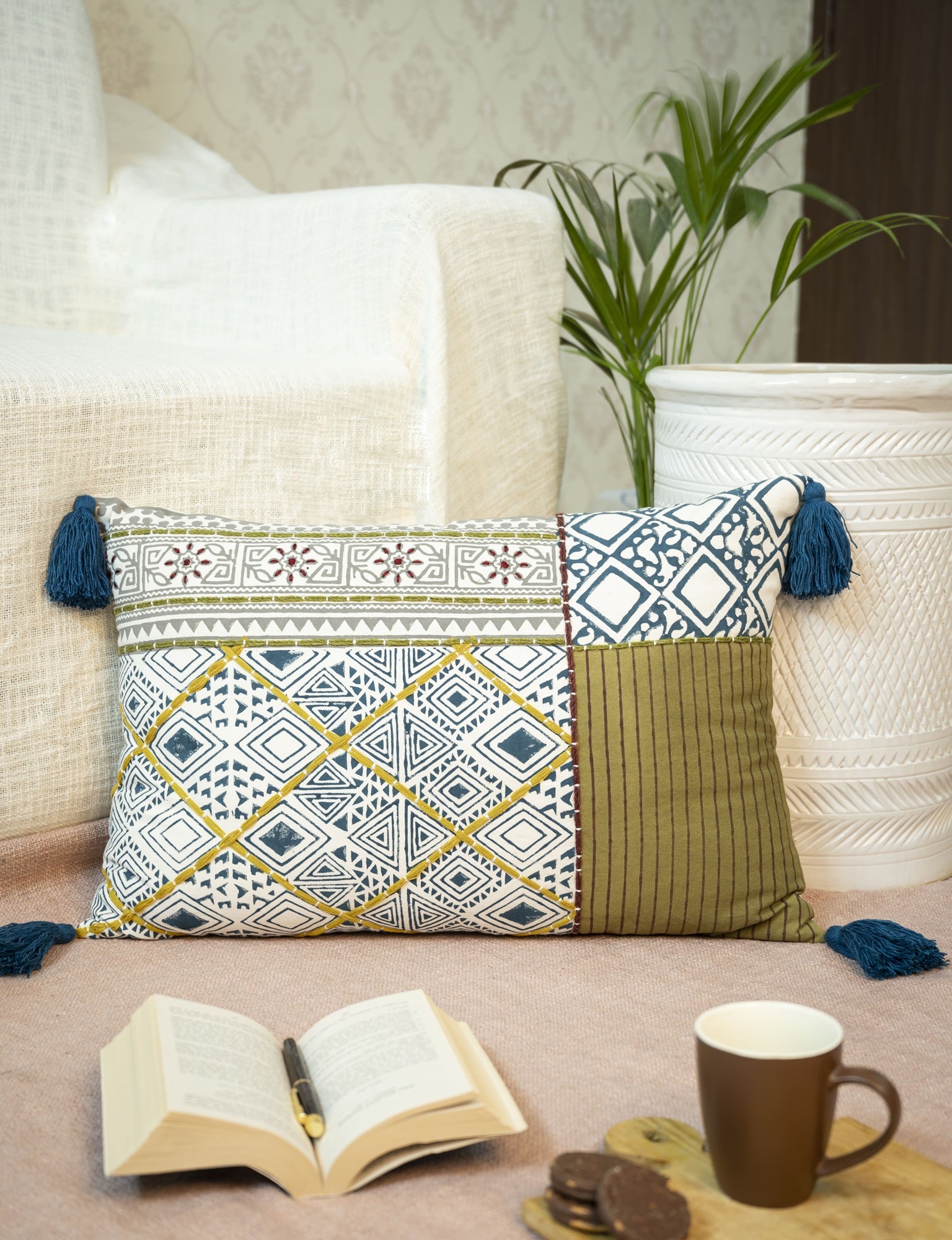 "Terracotta Tapestry" Block Printed Patch Cushion Cover