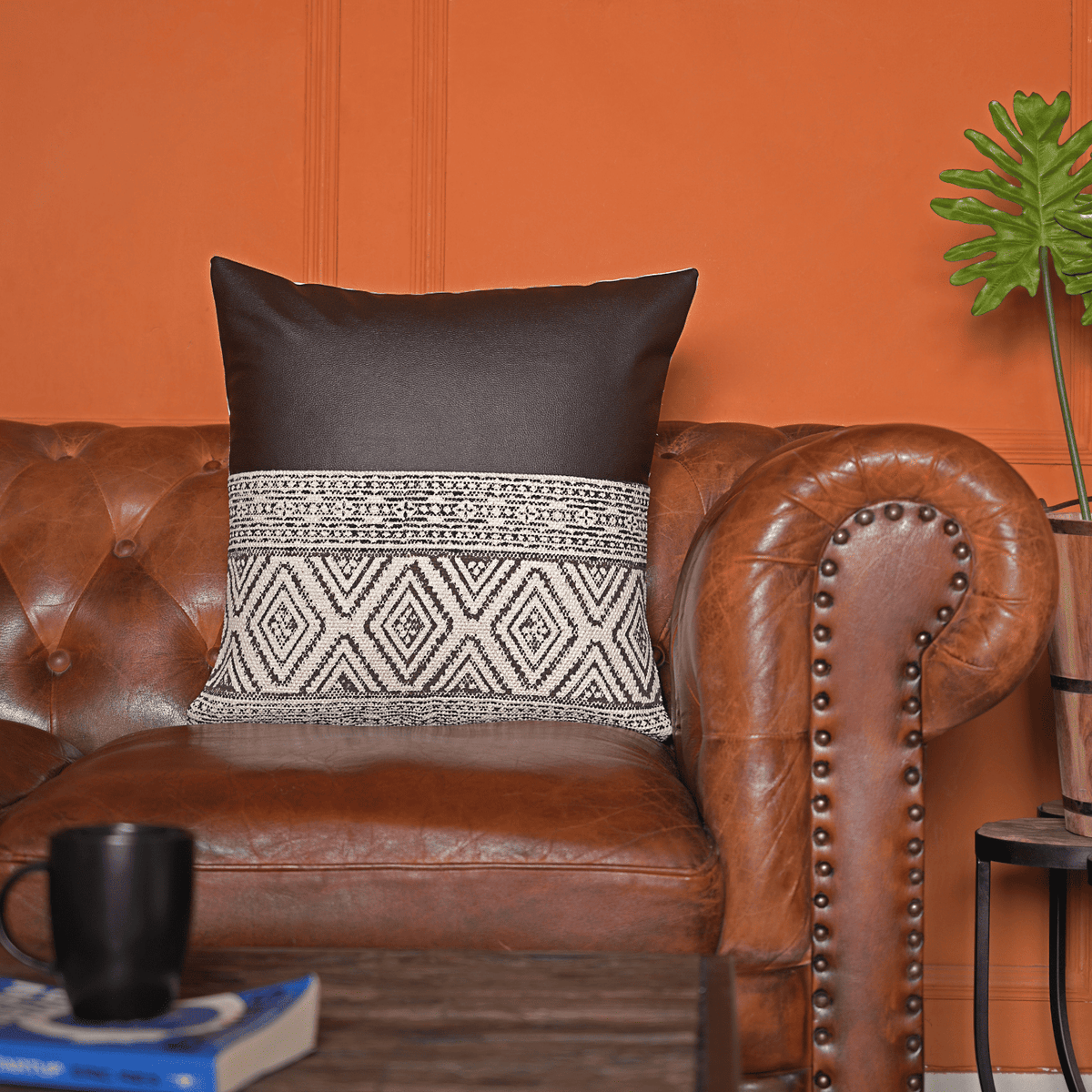 Brown & White Hand Block Print Cotton Cushion Cover 18x18 In