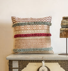 Hand Block Printed Cushion Cover With Shags