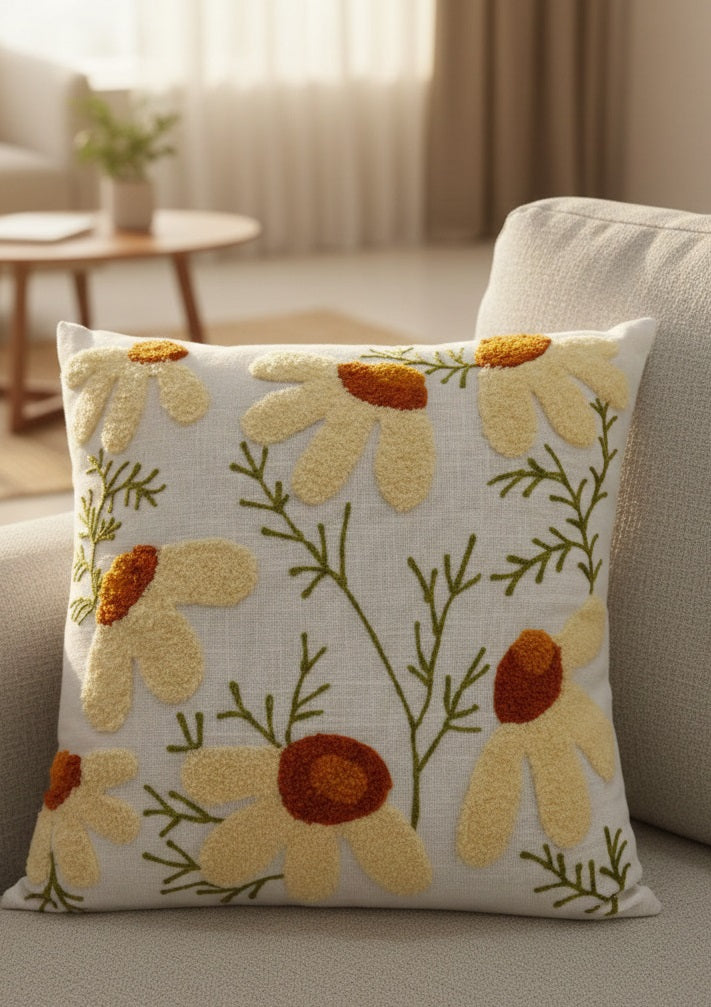 Hand-Tufted Daisy Meadow Linen-Cotton Cushion Cover