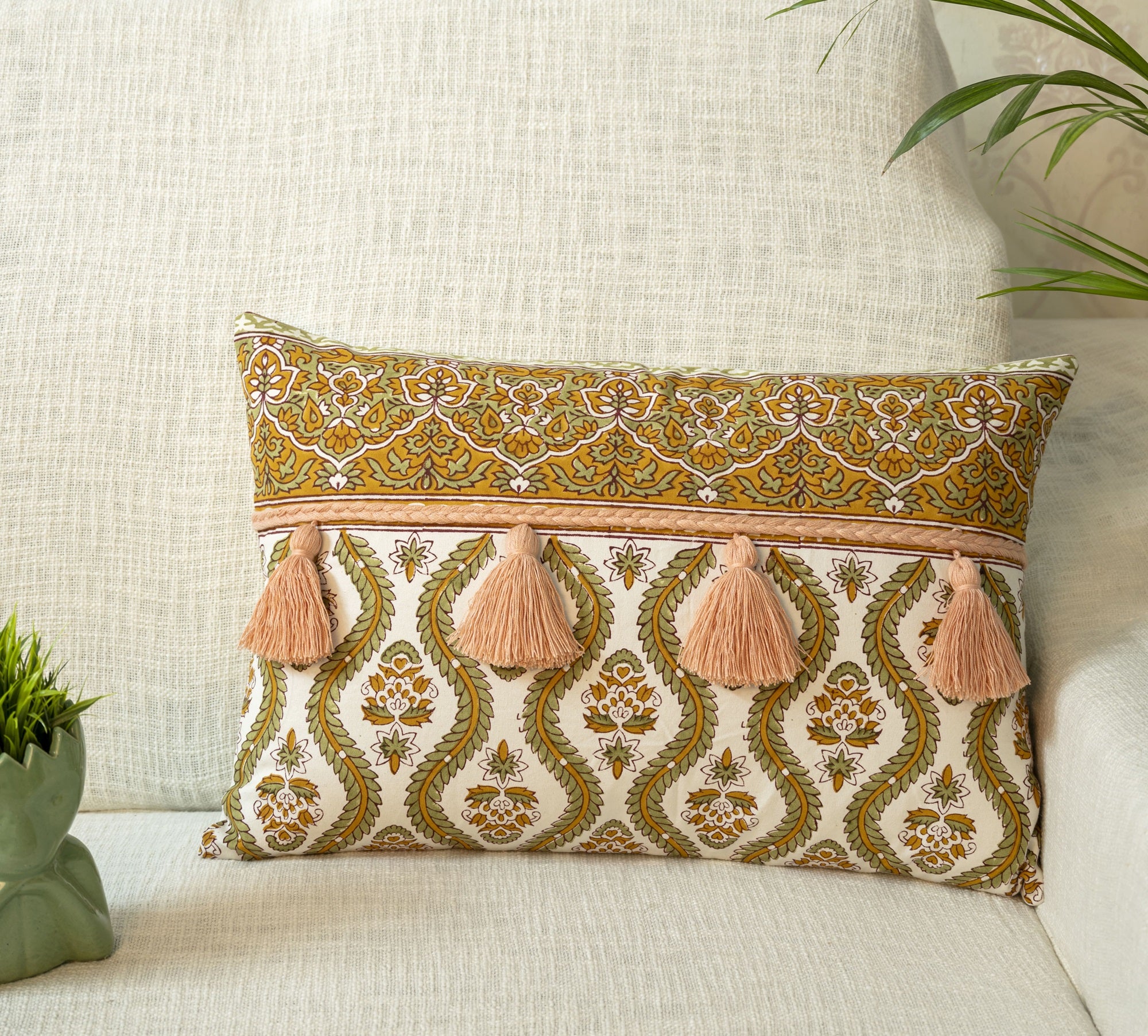 Multicolor Hand Block Printed Cushion Cover With Decorative Tassels 16x24 In