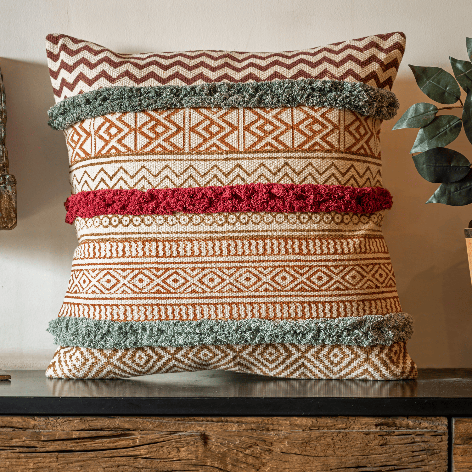 Hand Block Printed Cushion Cover With Shags