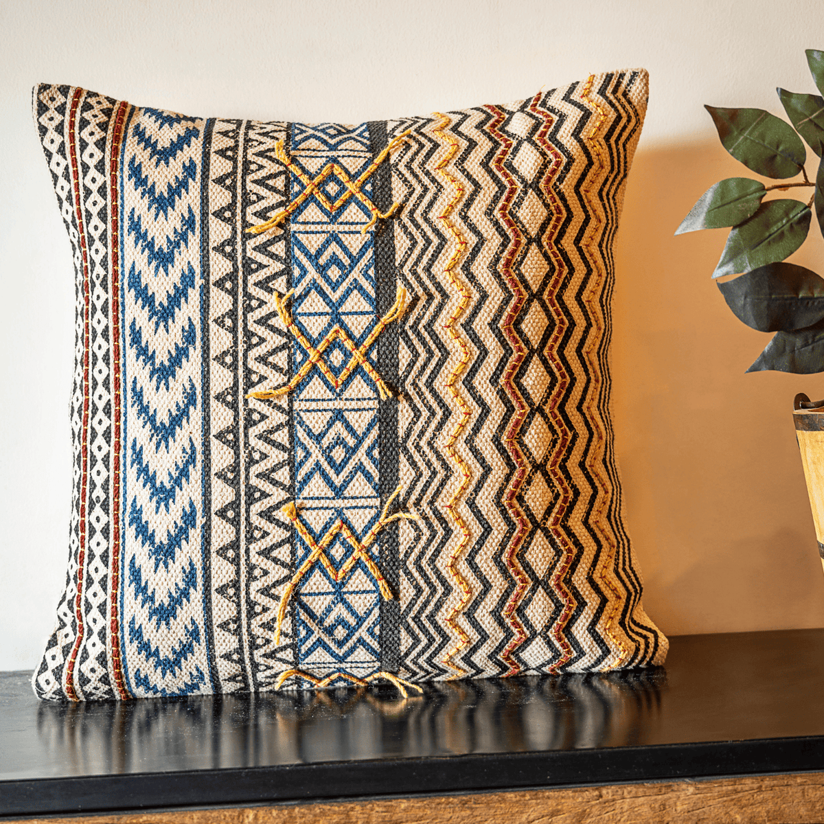 Embroidered Hand Block Printed Cushion Cover