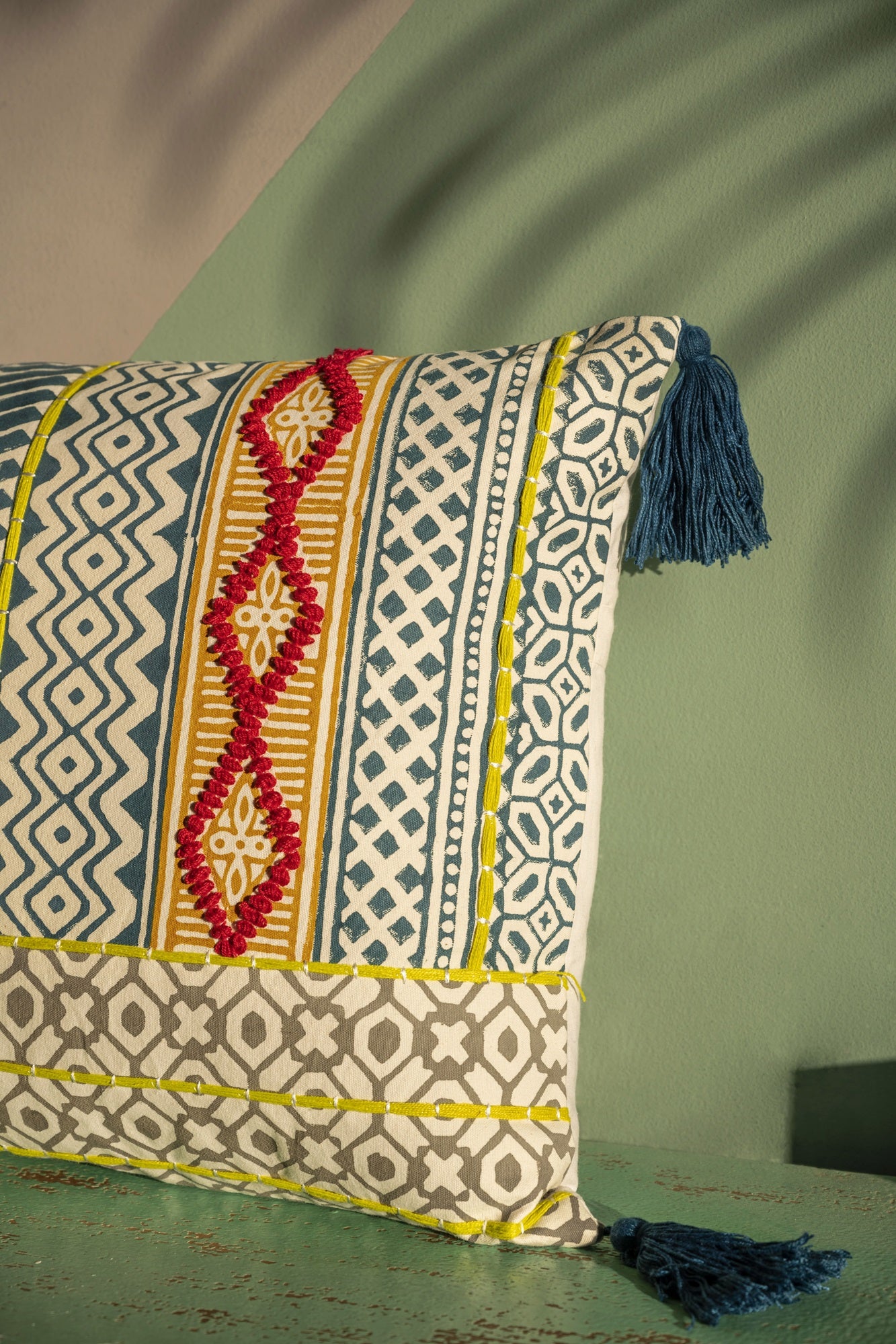 Hand Block Printed Emblished Pillow Cover 16x24 In