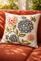 Hand-Embroidered Kashmiri Floral Bloom Linen Cushion Cover