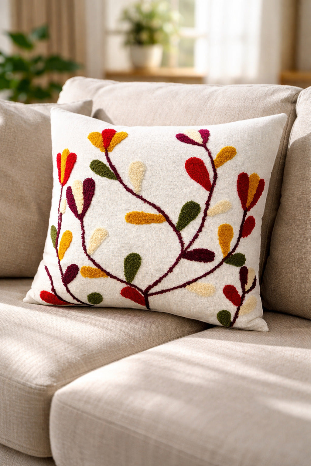 Hand-Tufted Autumnal Vine & Petal Cotton Cushion Cover