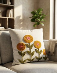 Sunflower Meadow Hand-Tufted Cushion Cover – Mustard & Pink Floral Decor