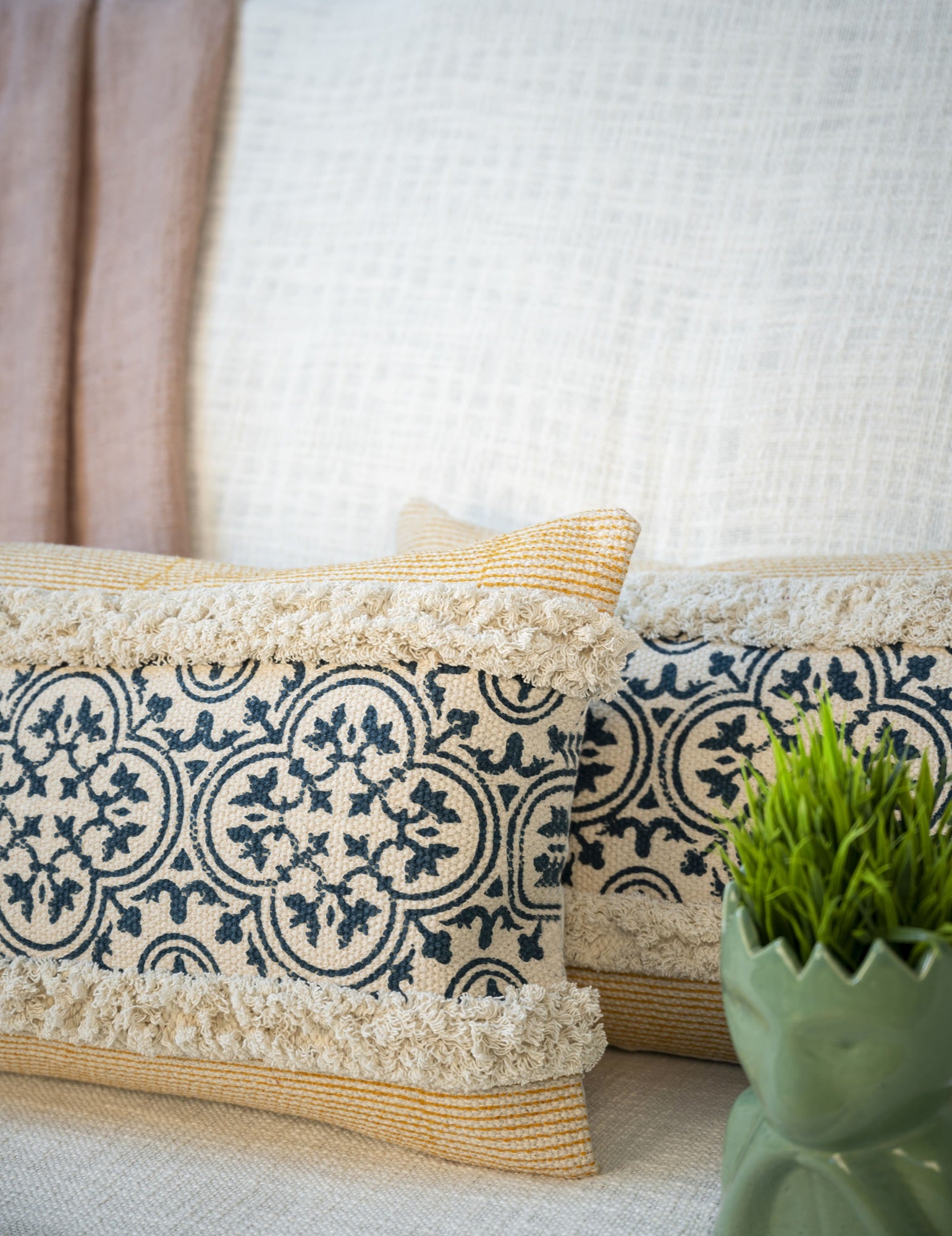 "Rust Grove" Block Printed Cushion Cover with Lace Detailing