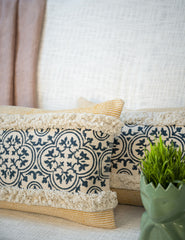 "Rust Grove" Block Printed Cushion Cover with Lace Detailing