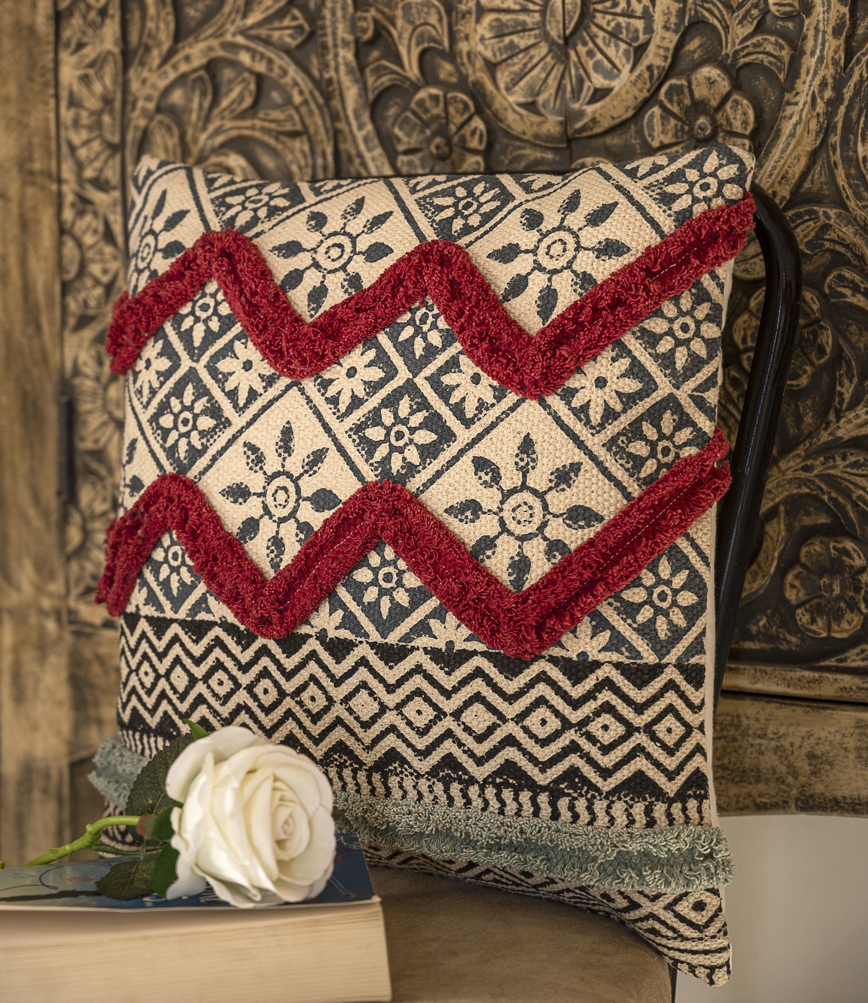 "Crimson Crest" Hand Block Printed Cushion Cover
