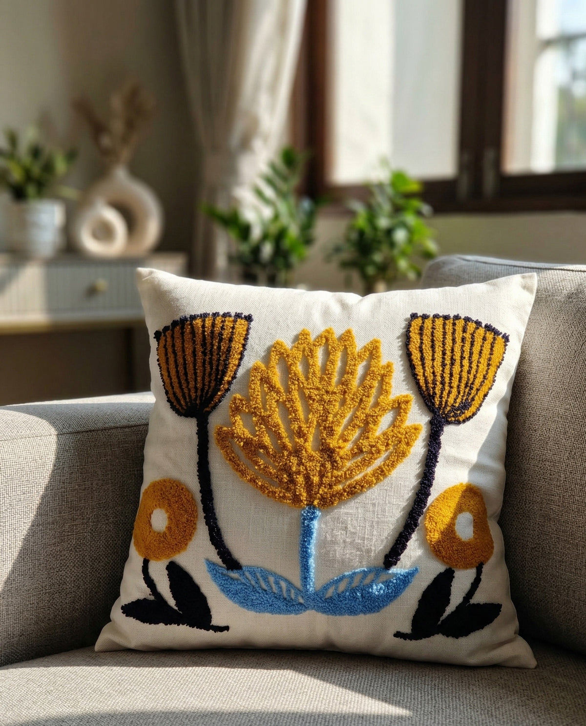 Hand-Tufted Mediterranean Floral Mustard and Blue Cushion Cover