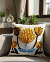 Hand-Tufted Mediterranean Floral Mustard and Blue Cushion Cover