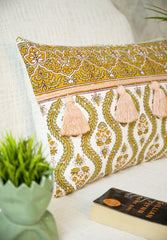 Multicolor Hand Block Printed Cushion Cover With Decorative Tassels 16x24 In