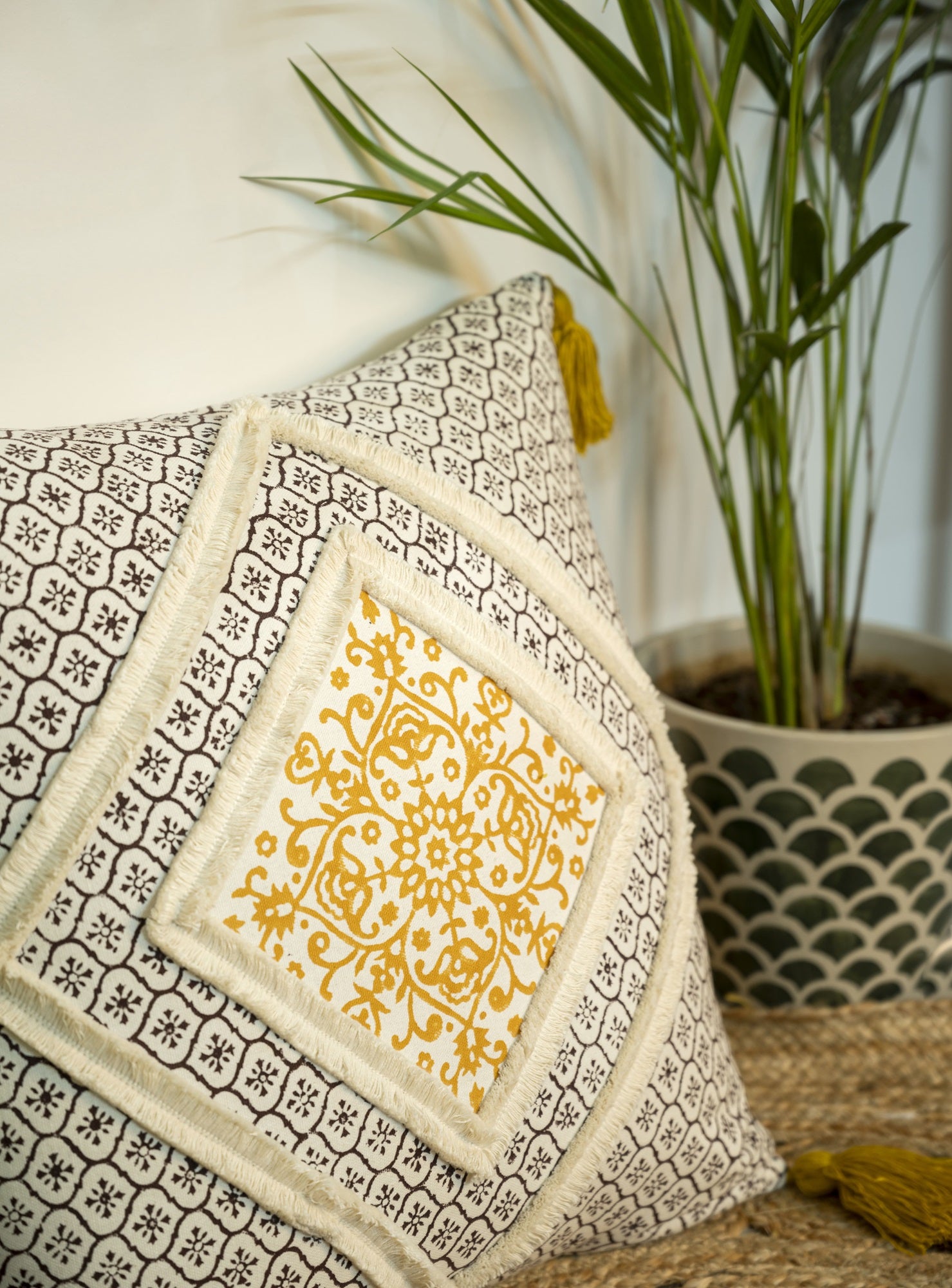 "Golden Lattice" Block Printed Cushion Cover