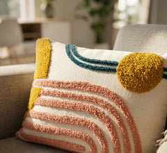 Boho Embroidery Tufted Cotton Canvas Cushion Cover Textured Decorative Pillow Case Square Cushion Covers for Sofa, Living Room & Bedroom