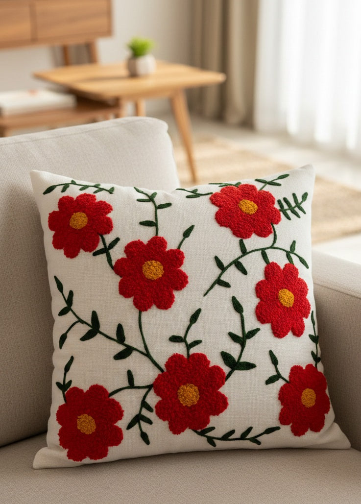 Hand-Tufted Red Poppy Floral Vine Cotton Cushion Cover