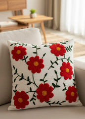 Hand-Tufted Red Poppy Floral Vine Cotton Cushion Cover