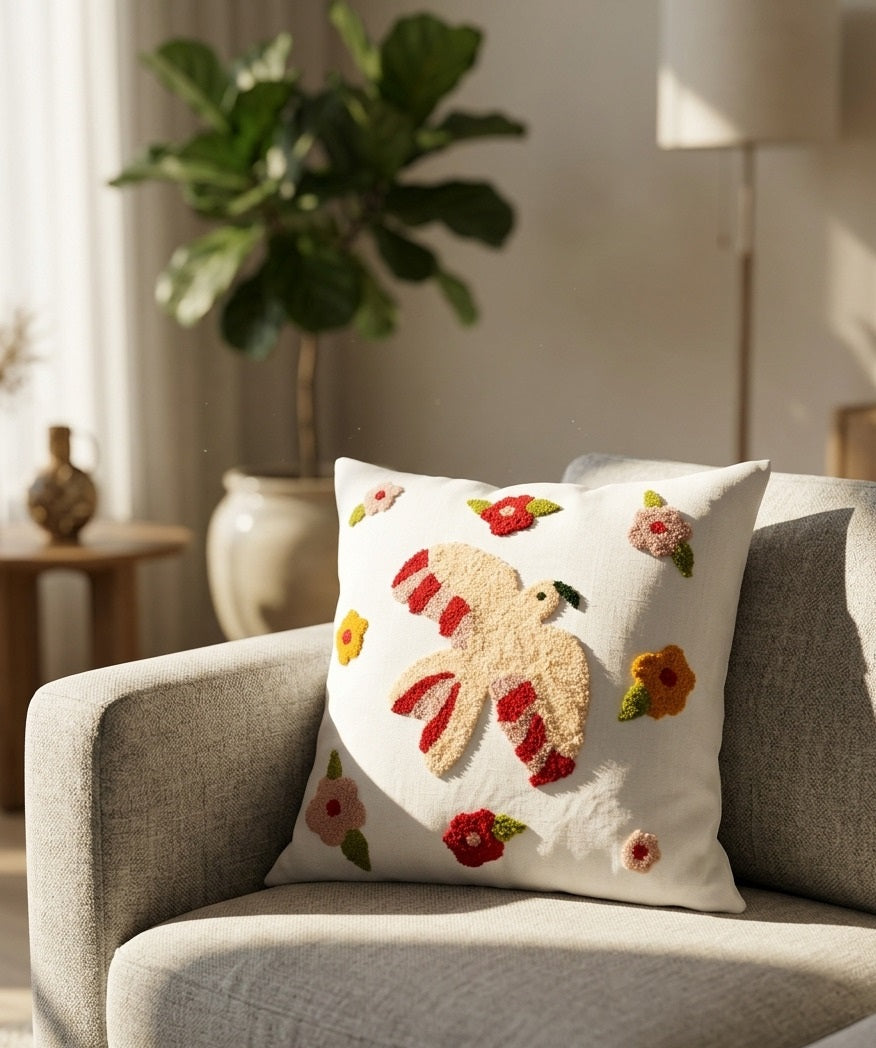 Hand-Tufted Bird and Floral Medley Cotton Cushion Cover