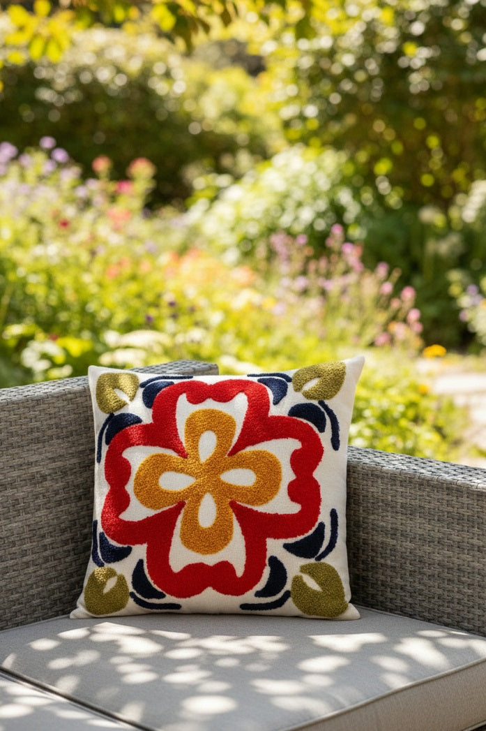 Hand-Tufted Mediterranean Floral Medallion Cotton Cushion Cover