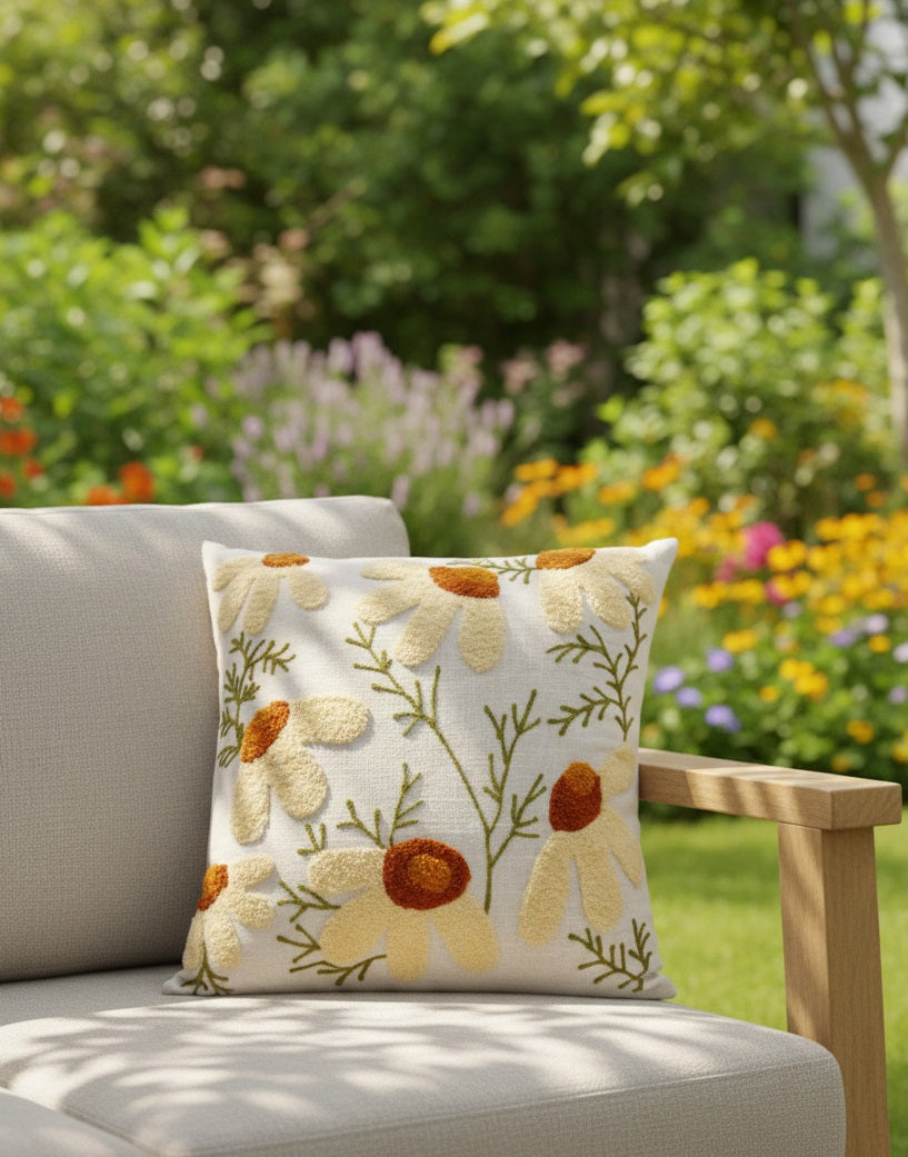 Hand-Tufted Daisy Meadow Linen-Cotton Cushion Cover