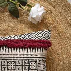 Hand Block Cotton Cuchion Cover With Maroon & Light Green Boho Fring Lace