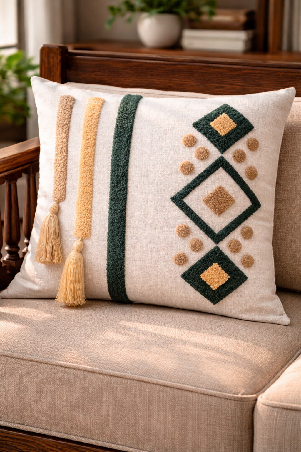Hand-Tufted Geometric Boho Cushion Cover with Tassels