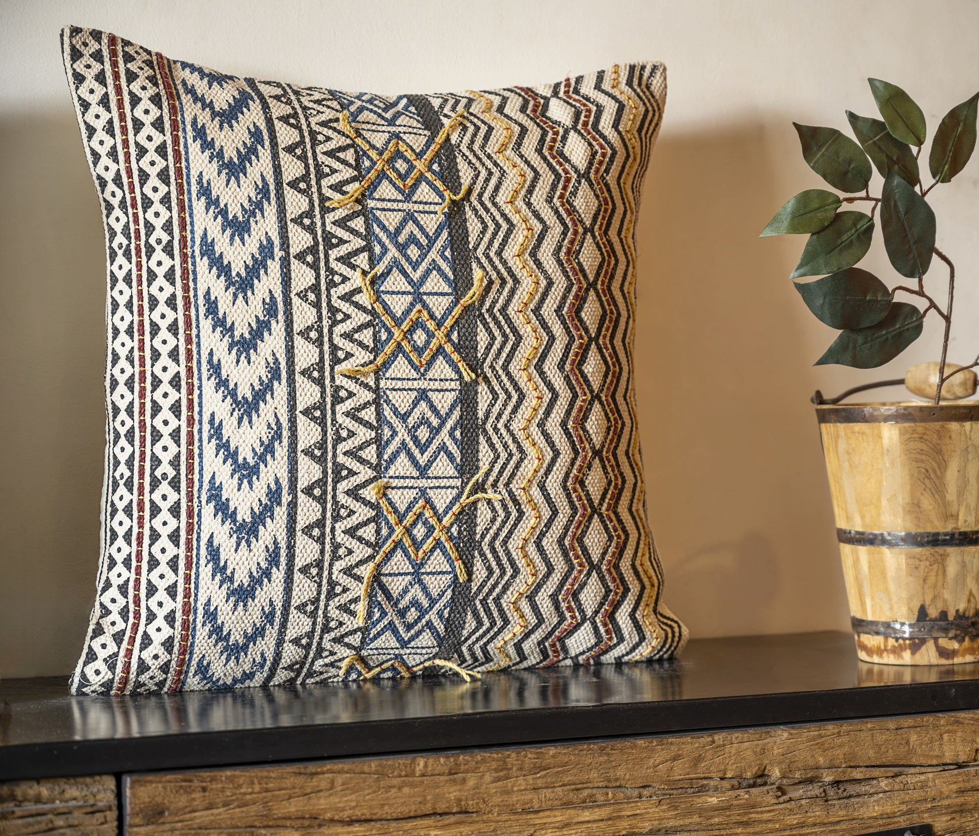 Embroidered Hand Block Printed Cushion Cover