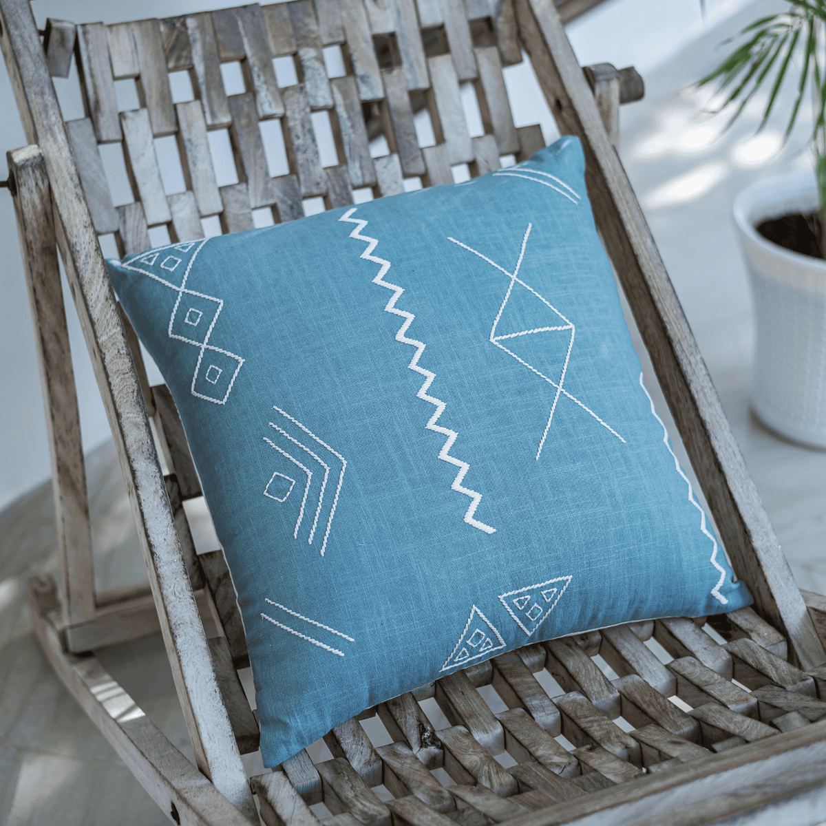 Cotton Slub Blue Embroidered Cushion Cover