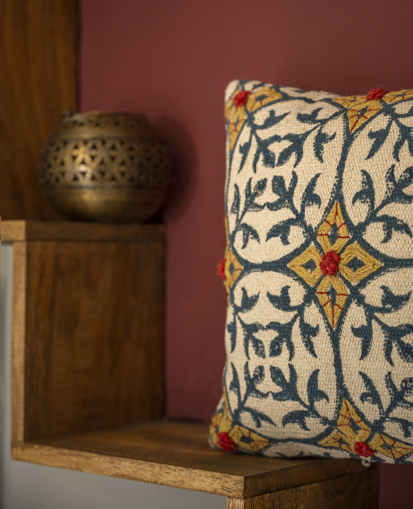 "Verdant Bloom" Embroidered Cushion Cover