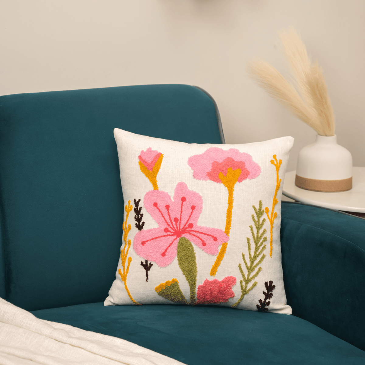 Floral Whispers Elegant Embroidered Cushion cover